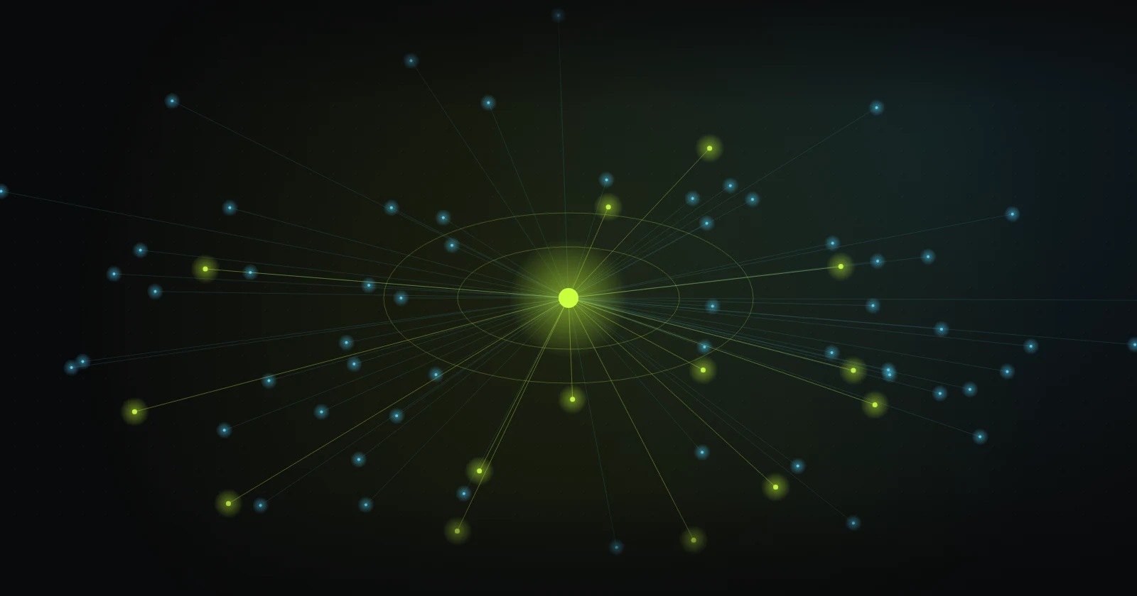 Illustration: a bright central hub with spokes radiating to many smaller nodes