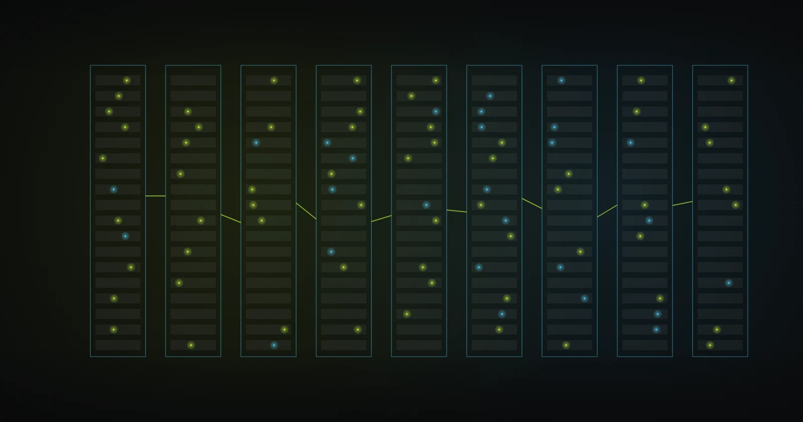Illustration: a row of server racks with glowing indicator lights, linked together