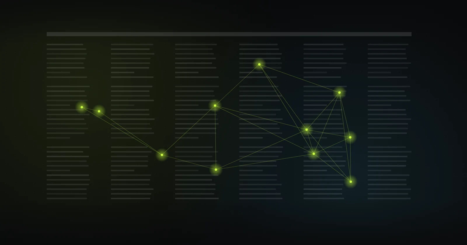 Illustration: faint newspaper columns overlaid with a network of glowing connected points